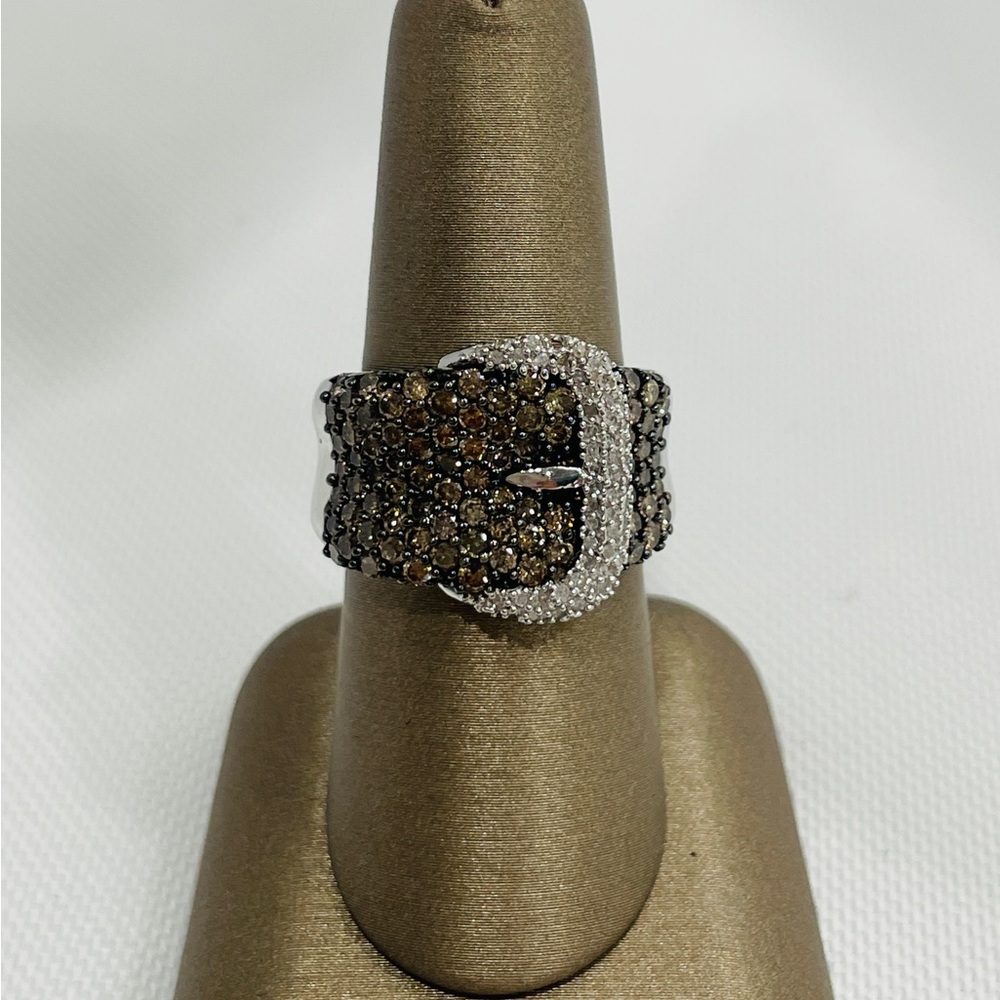 Belt Buckle 10k White Gold Diamond Ring With Champagne Color Diamond Size 8 1/4 - Picture 6 of 6